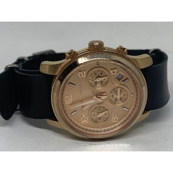 Michael Kors MK5128 Women Black Leather Analog Rose Gold Dial Quartz Watch Aa498 - Picture 5 of 11